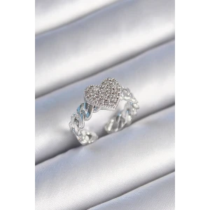 Pirinç Gümüş Renk Zincir Kordon Zirkon Taşlı Kalp Model Kadın Yüzük