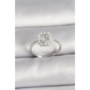 Pirinç Gümüş Renk Zirkon Taş Detaylı İncili Ayarlanabilir Yüzük - TJ-BYK3542