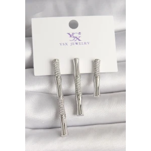 Pirinç Gümüş Renk Zirkon Taşlı Bambu Model 3Lü Kadın Kombin Küpe