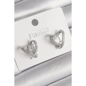 Pirinç Gümüş Renk Zirkon Taşlı Kalp Model Kadın Küpe - TJ-BKP9759
