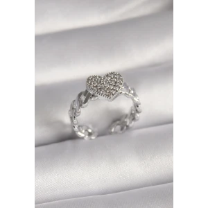 Pirinç Gümüş Renk Zirkon Taşlı Kalp Model Kadın Yüzük - TJ-BYK3093