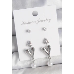 Pirinç Gümüş Renk Zirkon Taşlı Sallantılı Kalp Model 3 Çift Kadın Küpe Seti