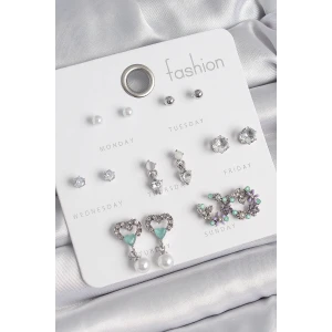 Pirinç Gümüş Renk Zirkon Taşlı Sallantılı Kalp Model Çiçek Detay 7 Çift Kadın Küpe Seti