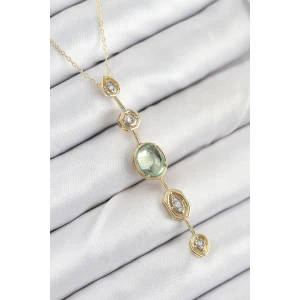 Pirinç Zincir Yeşil Gold Renk Zirkon Taşlı Y Kolye - TJ-BKO10557