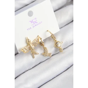 Pirinç Zirkon Taşlı 3lü Kuş Model Gold Renk Kadın Küpe