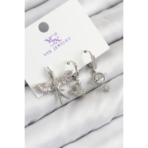 Pirinç Zirkon Taşlı 3lü Kuş Model Gümüş Renk Kadın Küpe