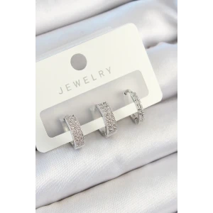 Pirinç Zirkon Taşlı Halka Model Gümüş Renk 3lü Çift Kadın Küpe Set