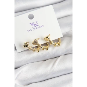 Pirinç Zİrkon Taşlı Kalp Model Gold Renk 3lü Kadın Küpe - TJ-BKP10947