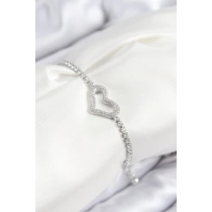 Pirinç Zirkon Taşlı Kalp Model Gümüş Renk Asansörlü Kadın Bileklik - TJ-BB7742