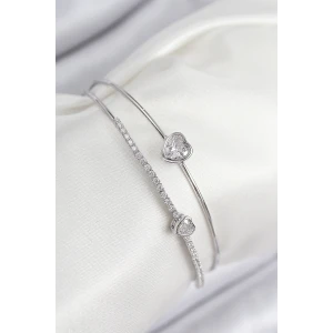 Pirinç Zirkon Taşlı Kalp Model Gümüş Renk Kadın Bileklik - TJ-BB7870