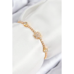 Pirinç Zirkon Taşlı Kar Tanesi Model Gold Renk Asansörlü Kadın Bileklik - TJ-BB7723