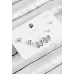Pirinç Zirkon Taşlı Kelebek Model Gümüş Renk 925 Ayar Gümüş Çivi Kadın Küpe Set