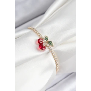 Pirinç Zirkon Taşlı Kiraz Model Gold Renk Asansörlü Kadın Bileklik