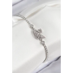 Pirinç Zirkon Taşlı Kuğu Model Gümüş Renk Kadın Bileklik - TJ-BB7690