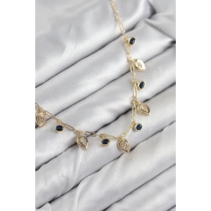 Pirinç Zirkon Taşlı Sallantılı Damla Model Gold Renk Kadın Kolye - TJ-BKO10494