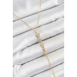Pirinç Zirkon Taşlı Sıralı Yıldız Figürlü Y Model Gold Renk Kadın Kolye - TJ-BKO10314