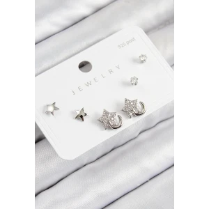 Pirinç Zirkon Taşlı Yıldız Model Gümüş Renk 925 Ayar Gümüş Çivi Kadın Küpe Set - TJ-BKP11177