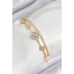 Pirinç Zirkon Taşlı Yonca Model Gold Renk Kadın Bileklik - TJ-BB7885