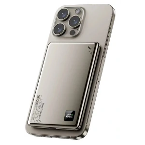 PW555 5.000 mAh Dijital Göstergeli 18W Type-C ve 15W Kablosuz Şarj PD Hızlı Şarj Magsafe Powerbank - Titanyum