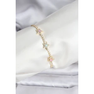 Renkli Yıldız Model Zirkon Taşlı Gold Renk Pirinç Su Yolu Kadın Bileklik - TJ-BB8100
