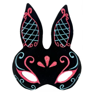 Siyah Renk Mavi Kırmızı Simli Siyah Süet Kaplama Tavşan Maskesi 18x16 cm (4887)