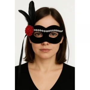 Siyah Renk Süet Kaplama Gümüş Dantelli Kırmızı Gül Tasarımlı Parti Maskesi 18x20 cm