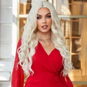 Su Dalgalı Uzun Beyaz Platin Tül Peruk