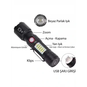 WS-2828 Ultra USB Şarjlı Polis El Feneri, Bekçi, Asker El Feneri Kırmızı Mavi Çakarlı 1000 Lümen