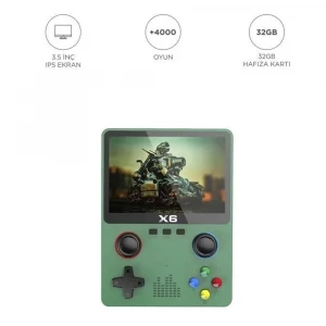 X6 Yeşil 4000+ Klasik Oyunlu 3.5 İnç IPS Ekran Kablosuz Atari Retro Oyun Konsolu