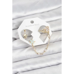 Yıldız Model Pirinç Gold Renk Zincir Bağlantılı Ear Cuff Küpe Seti