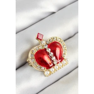 Zirkon Taşlı İnci Detaylı Kırmızı 3D Kraliçe Taç Figürlü Gold Renk Kadın Broş - TJ-BR441