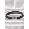 316L Çelik Gümüş Renk Gemi Dümeni Figür Siyah Burgu Deri Kordon Model Erkek Bileklik