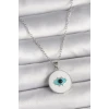 316L Çelik Gümüş Renk Zincir Beyaz Mineli Turkuaz Göz İşleme Model Kadın Kolye - TJ-BKO9729