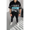 ieg™      Baskılı Yarım Fermuarlı T-Shirt - Siyah -