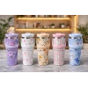 ieg™ Çiçek Desenli 900 ml Taşıma Kulplu Paslanmaz Çelik Termos Mug Bardak