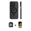 ieg™ iPhone 14 Pro Max Kılıf Pusula Minimal Koleksiyonu - Siyah Buffer Cam Ekran Koruyucu + Turuncu PVD Metal Kamera Lens