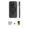 ieg™ iPhone 16 Pro Max Kılıf Pusula Minimal Koleksiyonu - Siyah Buffer Cam Ekran Koruyucu + Pers Alüminyum Kamera Lens - GS