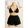ieg™ Kadın Siyah Şortlu Belden ve Boyundan Bağlamalı Bikini Takımı