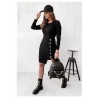 ieg™ Kadın Siyah Uzun Kollu Bisiklet Yaka Yan Yırtmaç Düğme Detay Kısa Kaşkorse Elbise