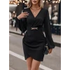 ieg™ Kadın Uzun Kollu Kruvaze Yaka Yandan Büzgülü Asimetrik Detaylı Ithal Krep Mini Elbise