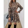 ieg™ Kadın Uzun Kollu Yarı Balıkçı Yaka Leopar Desenli Modal Mini Elbise