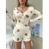 ieg ™ Pamuklu Ekru Ayıcık Desenli Düğmeli Tulum Pijama