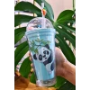 ieg ™ Sevimli Panda Temalı Çift Katman 450ml Suluk Pipetli Mika Matara Mavi 2770