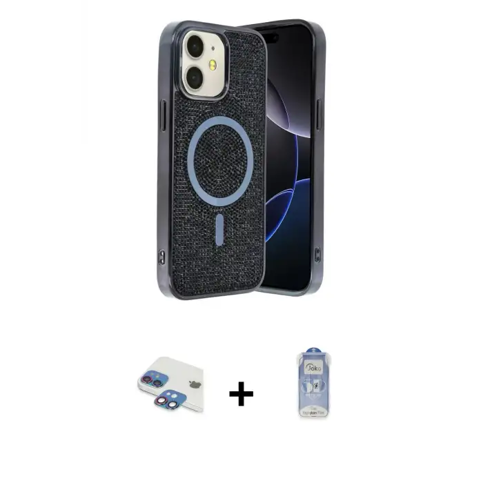 ieg™ iPhone 11 Kılıf Eksen Çizgi - Siyah Joko Magic 5D Cam + Pers Alüminyum Kamera Lens - GI
