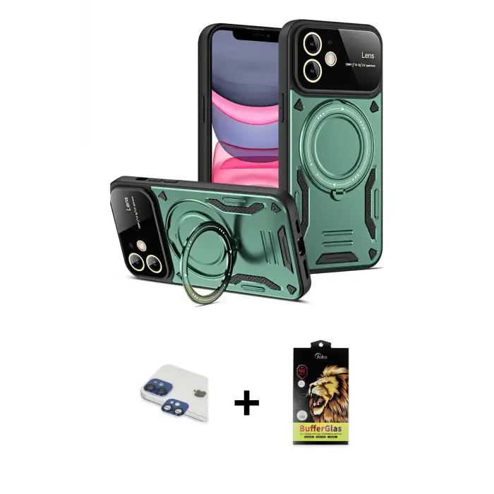 ieg™ iPhone 11 Kılıf Kıvılcım Modern Serisi - Siyah Buffer Cam Ekran Koruyucu + Pers Alüminyum Kamera Lens - LT