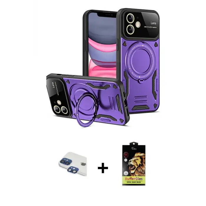 ieg™ iPhone 11 Kılıf Kıvılcım Modern Serisi - Siyah Buffer Cam Ekran Koruyucu + Pers Alüminyum Kamera Lens - LT