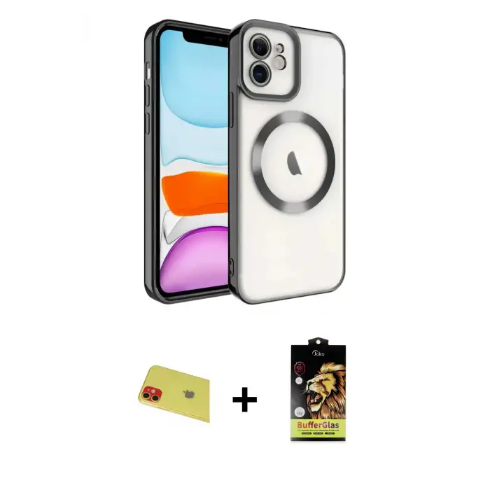 ieg™ iPhone 11 Kılıf Nova Işık Özel Seri - Siyah Buffer Cam Ekran Koruyucu + Rainbow Kamera Lens Koruma Cam - KI