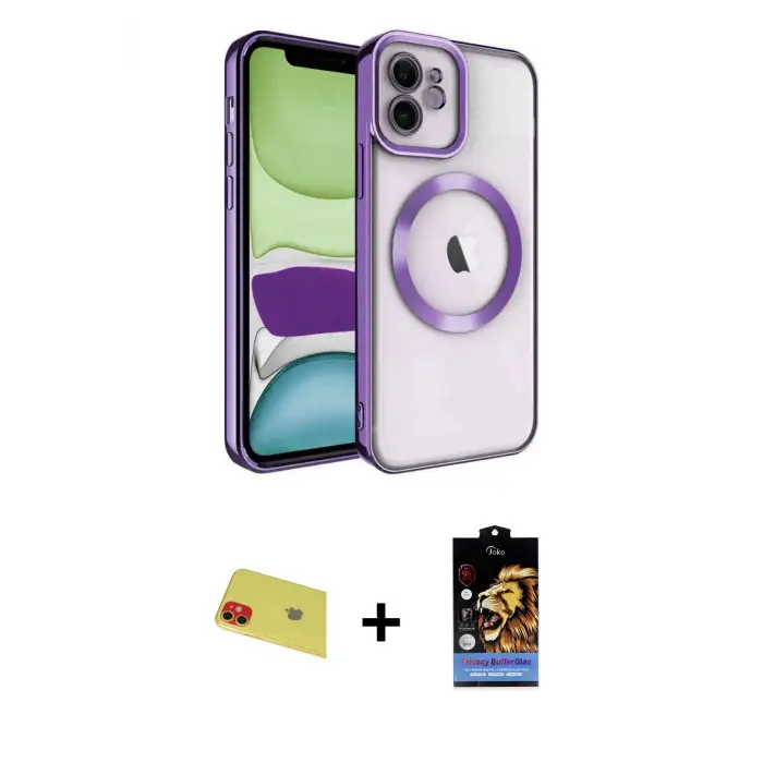 ieg™ iPhone 11 Kılıf Nova Işık Özel Seri - Siyah Buffer Hayalet Cam Ekran Koruyucu + Rainbow Kamera Lens Koruma Cam - KI