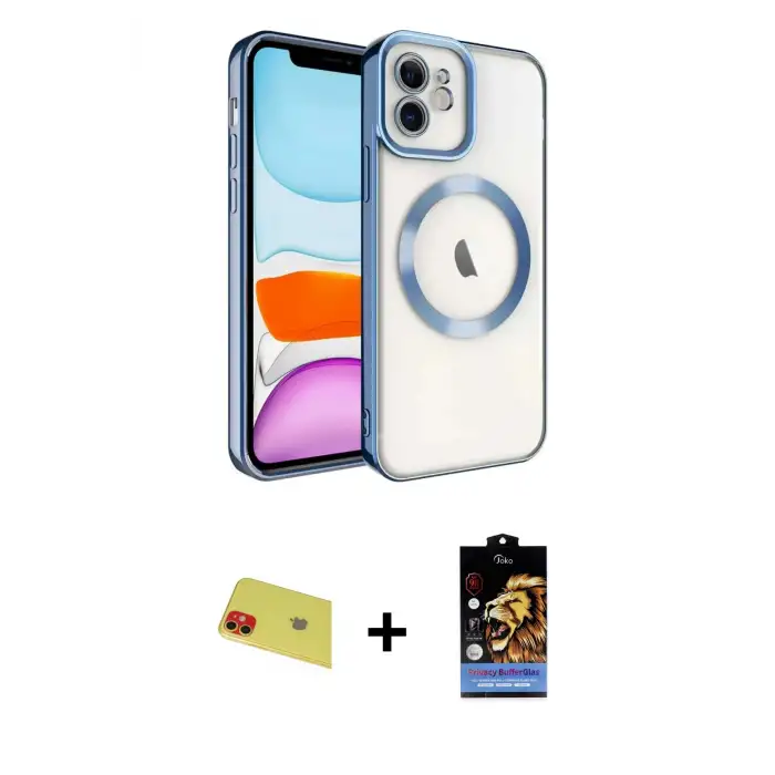 ieg™ iPhone 11 Kılıf Nova Işık Özel Seri - Siyah Buffer Hayalet Cam Ekran Koruyucu + Rainbow Kamera Lens Koruma Cam - KI