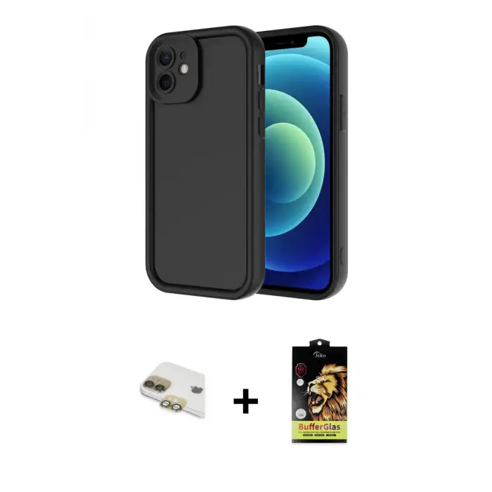 ieg™ iPhone 11 Kılıf Yankı Yansıma Özel Seri - Siyah Buffer Cam Ekran Koruyucu + Pers Alüminyum Kamera Lens - GD